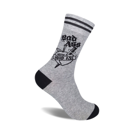 gray workout socks with black stripes feature text that says 'bad ass with a good ass' and a black heart with a sword through it.   