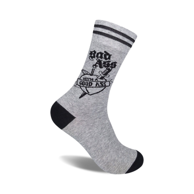 gray workout socks with black stripes feature text that says 'bad ass with a good ass' and a black heart with a sword through it.   