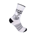 White crew socks with black stripes and a design of a worm on a stack of books. The text 'Books Are My Jam' is printed on the sock.