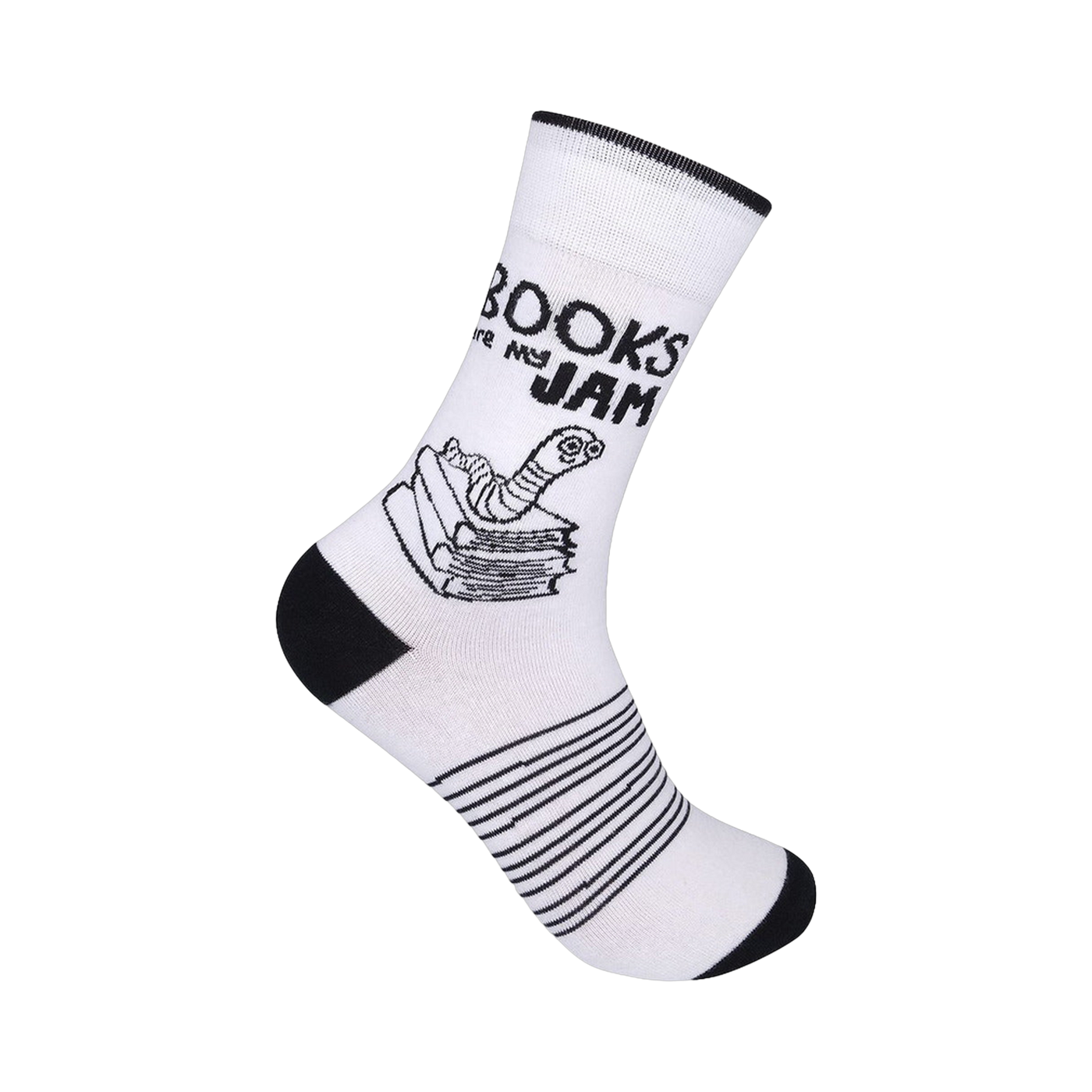 White crew socks with black stripes and a design of a worm on a stack of books. The text 'Books Are My Jam' is printed on the sock.