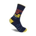 A navy blue crew sock with a yellow heel and toe. Features a yellow rubber duck in water, with the words 'Duck Off!' in red and orange.