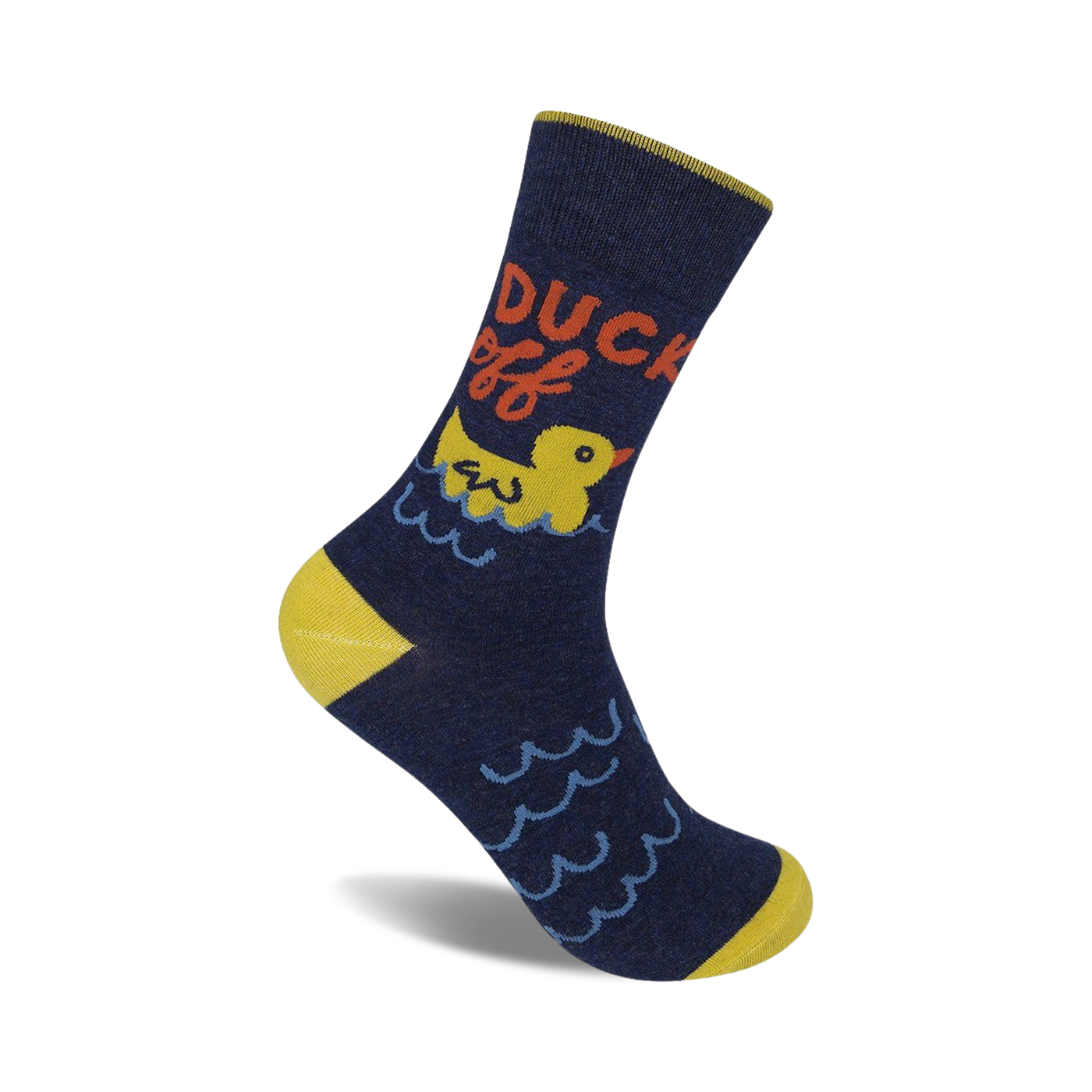 A navy blue crew sock with a yellow heel and toe. Features a yellow rubber duck in water, with the words 'Duck Off!' in red and orange.
