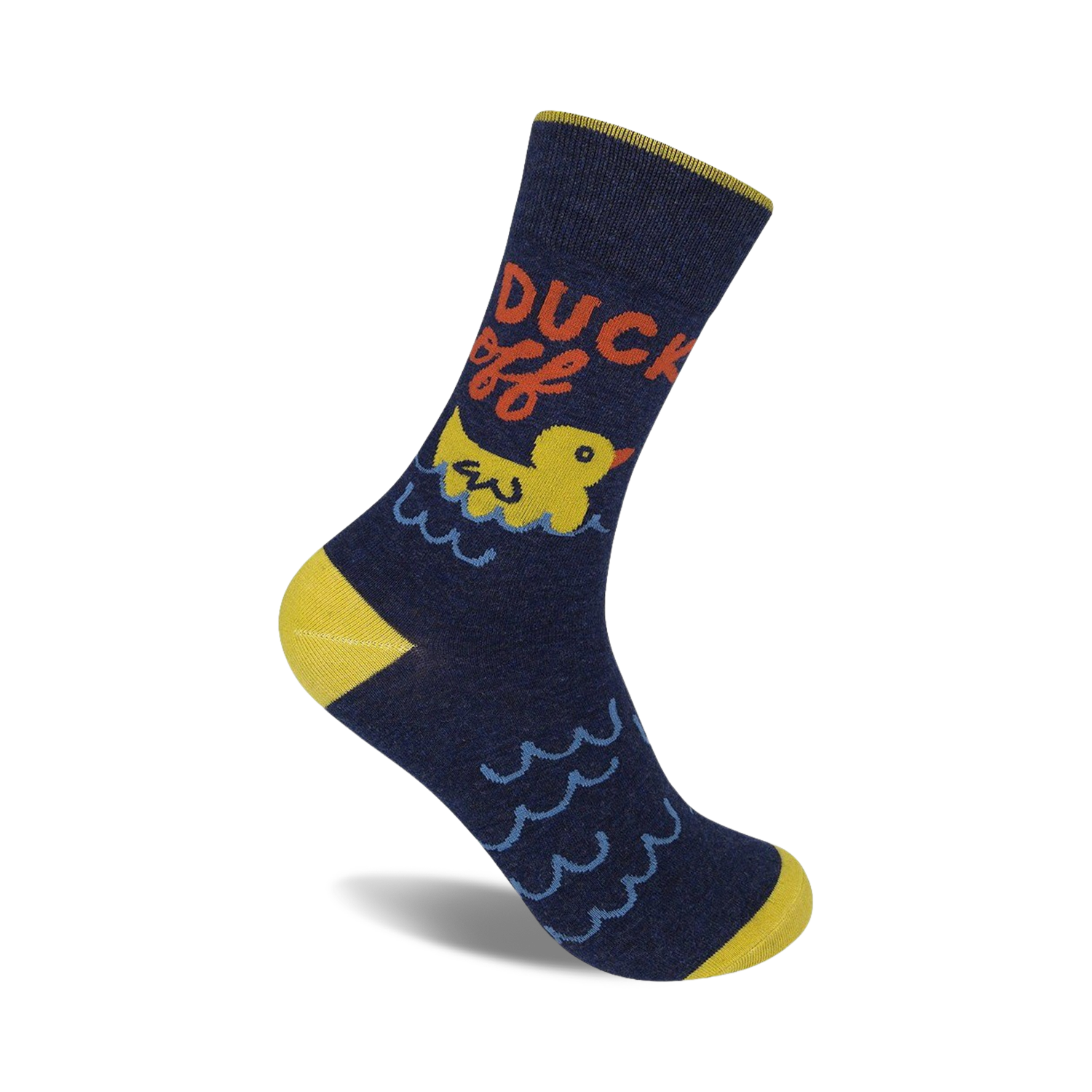 A navy blue crew sock with a yellow heel and toe. Features a yellow rubber duck in water, with the words 'Duck Off!' in red and orange.