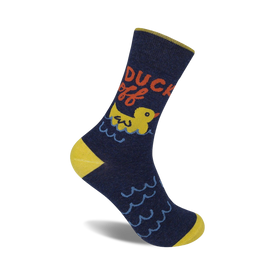 blue crew sock with yellow trim and rubber duck on leg, "duck off" written above.  