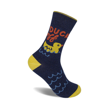 blue crew sock with yellow trim and rubber duck on leg, "duck off" written above.  
