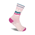 Pink crew socks with a teal and pink 'Fur Mama' logo, white paw prints, and white zig-zag pattern on the foot.