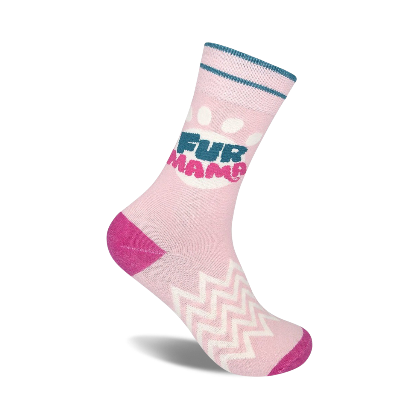 Pink crew socks with a teal and pink 'Fur Mama' logo, white paw prints, and white zig-zag pattern on the foot.