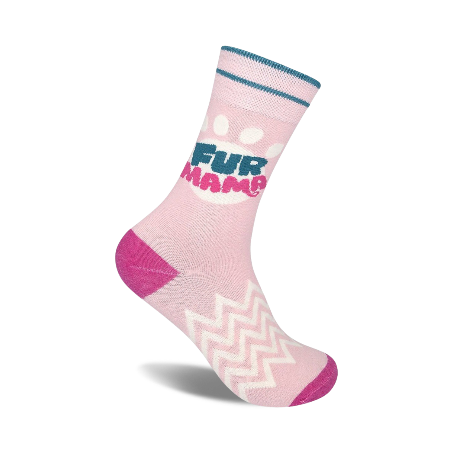 Pink crew socks with a teal and pink 'Fur Mama' logo, white paw prints, and white zig-zag pattern on the foot.