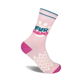 pink crew socks with white and blue zigzag pattern and blue toe and heel. 'fur mama' text on front.  