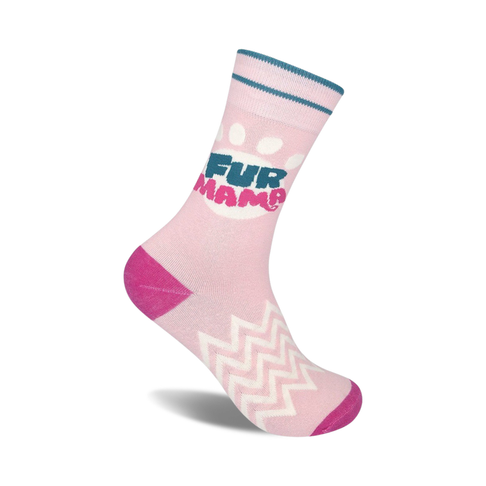 pink crew socks with white and blue zigzag pattern and blue toe and heel. 'fur mama' text on front.   }}