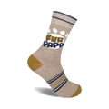 Tan crew socks with navy and gold stripes.  Features a white paw print and 'Fur Papa' in dark brown text.