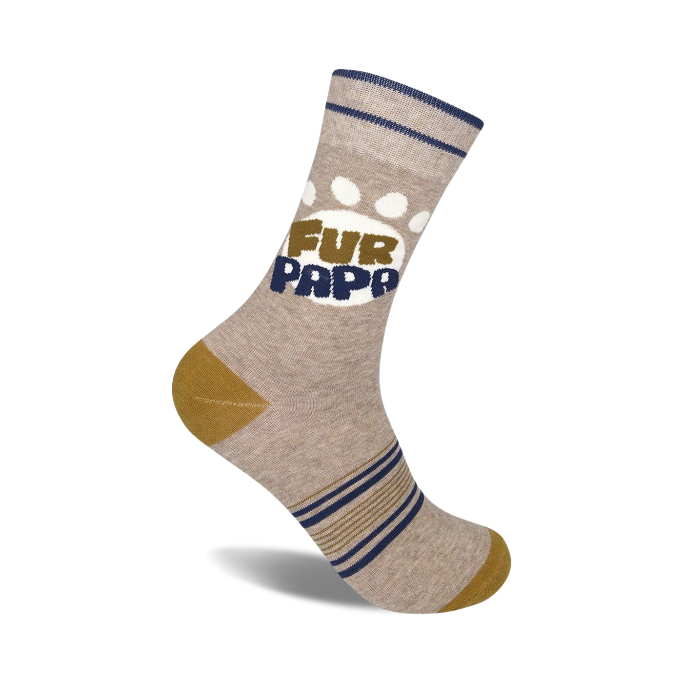 Tan crew socks with navy and gold stripes.  Features a white paw print and 'Fur Papa' in dark brown text.