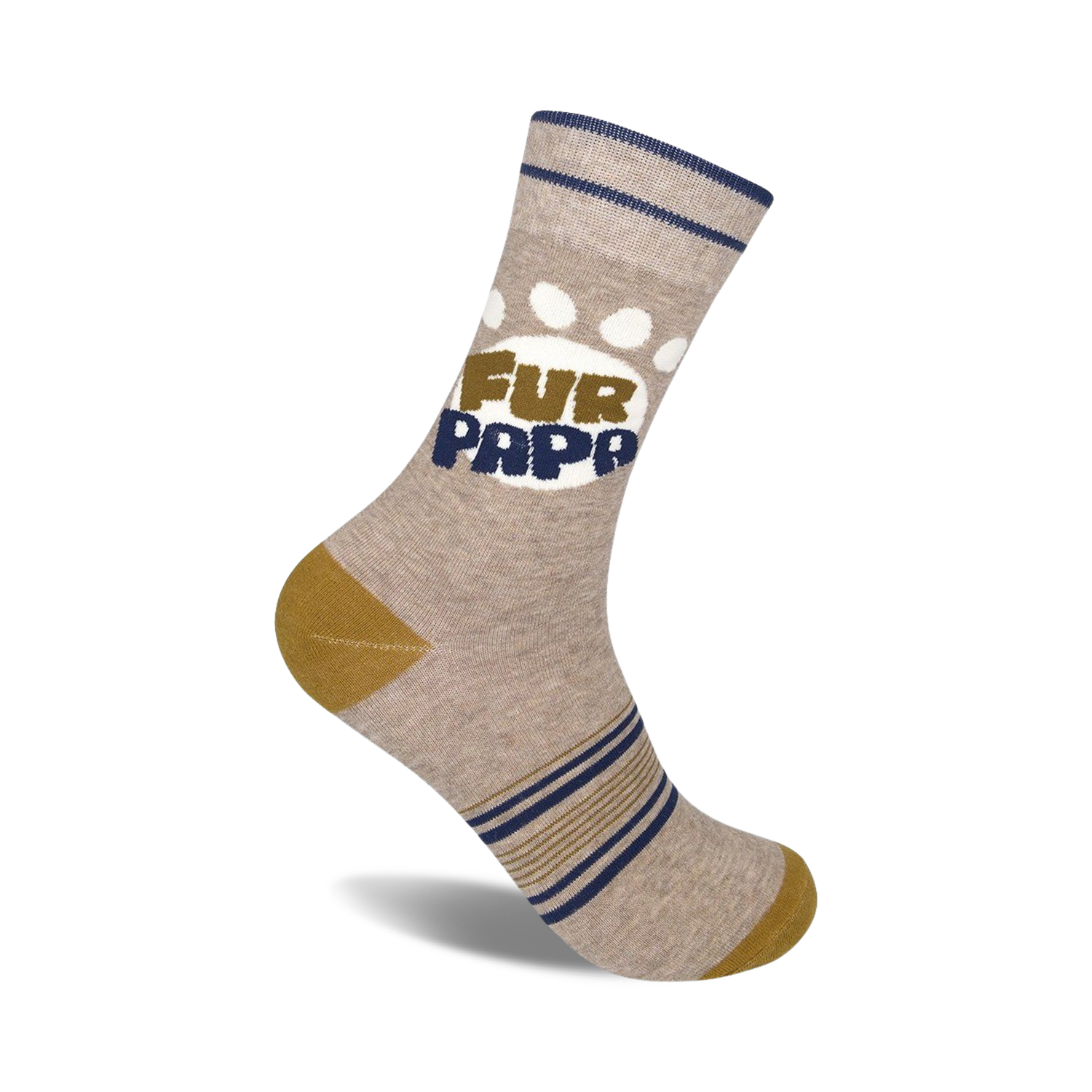 Tan crew socks with navy and gold stripes.  Features a white paw print and 'Fur Papa' in dark brown text.