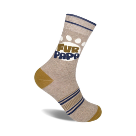light brown and dark blue striped fur papa dog-themed crew socks for men.   