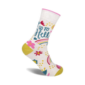 Cream crew socks with 'Go To Hell' in teal lettering, pink flowers, rainbows, and yellow accents.