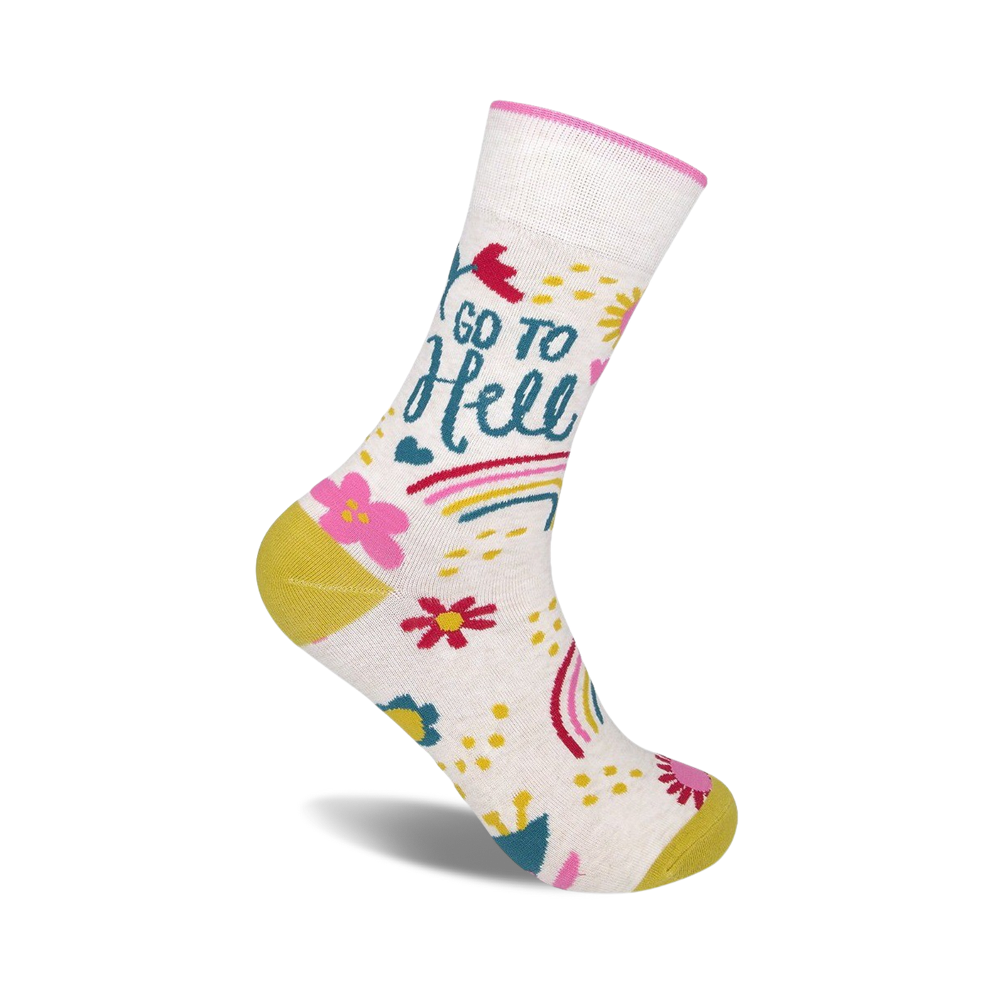 Cream crew socks with 'Go To Hell' in teal lettering, pink flowers, rainbows, and yellow accents.