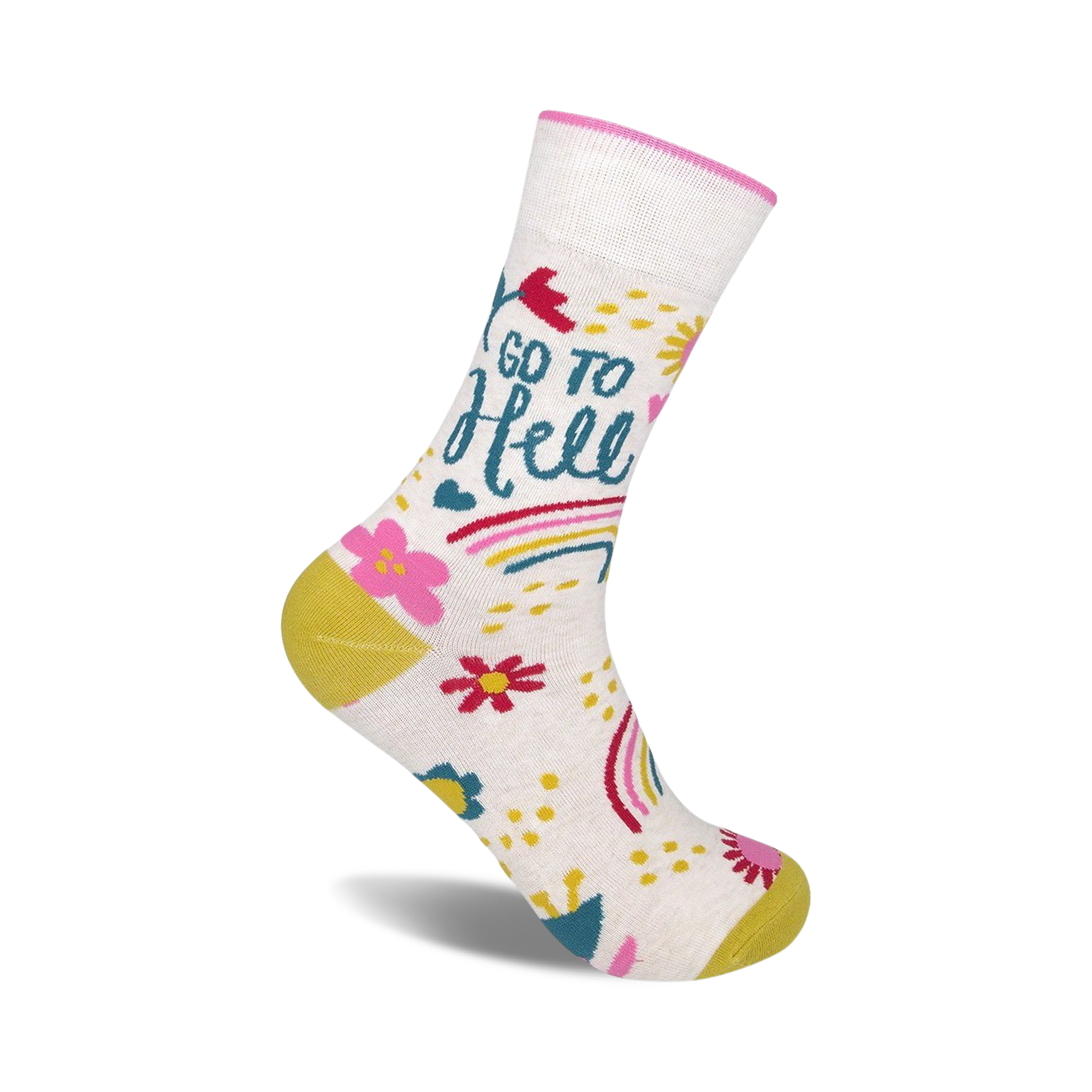 Cream crew socks with 'Go To Hell' in teal lettering, pink flowers, rainbows, and yellow accents.