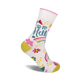 white crew socks featuring "go to hell" text, flowers, and rainbows.   