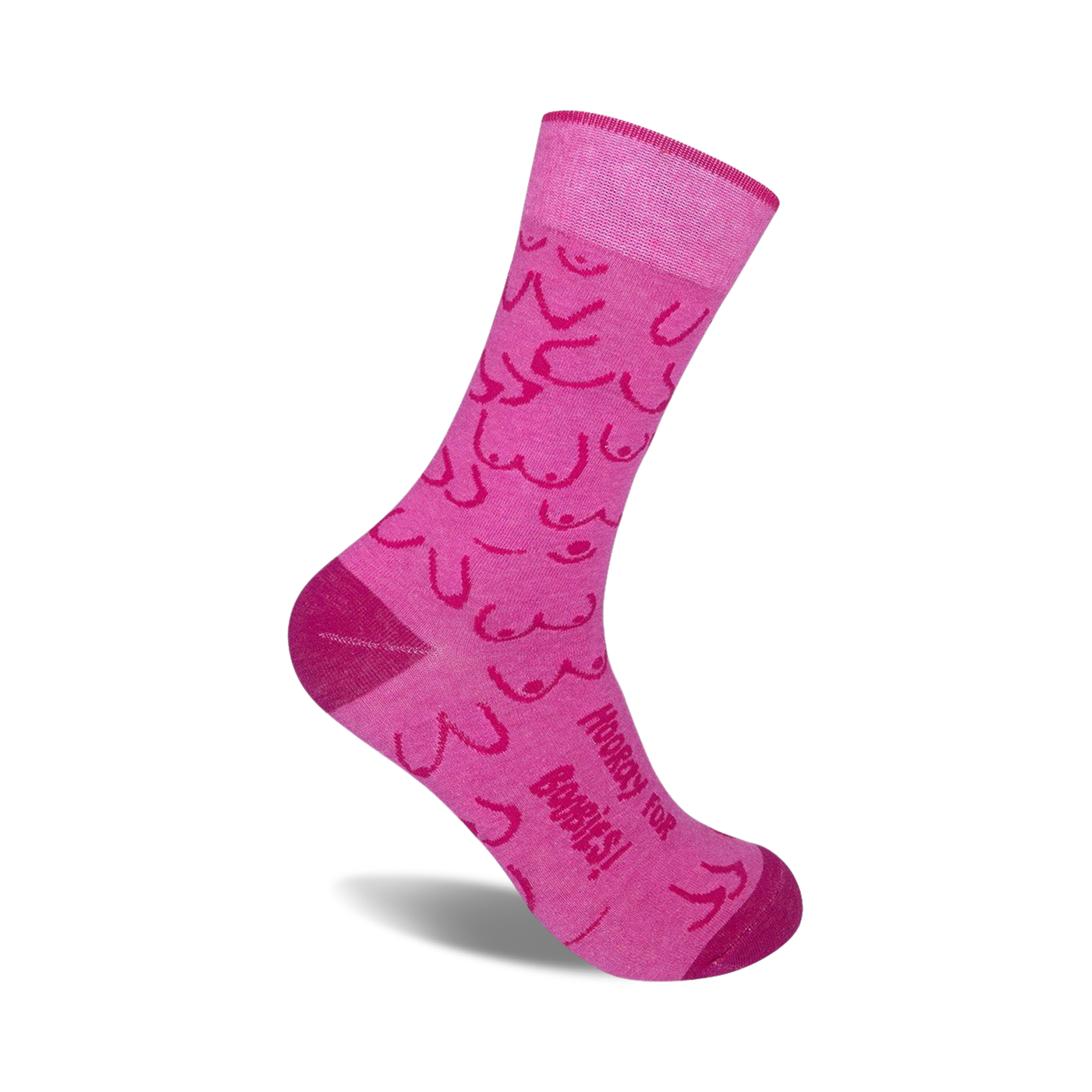 Pink crew socks with a playful pattern of hot pink boob outlines. Text reads 'Hooray for Boobies!'