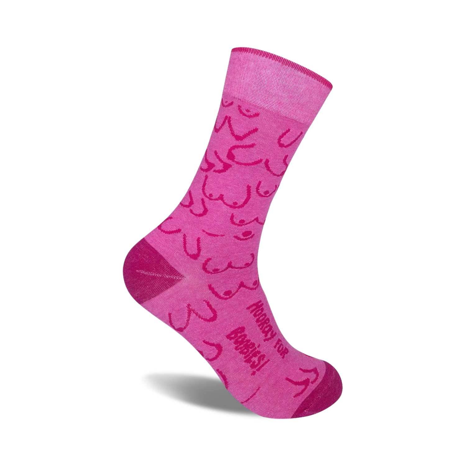 Pink crew socks with a playful pattern of hot pink boob outlines. Text reads 'Hooray for Boobies!'