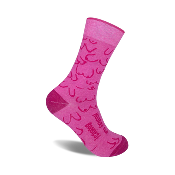  women's crew socks featuring a pink pattern of boobs with the words "hooray for boobies" in support of breast cancer awareness.   