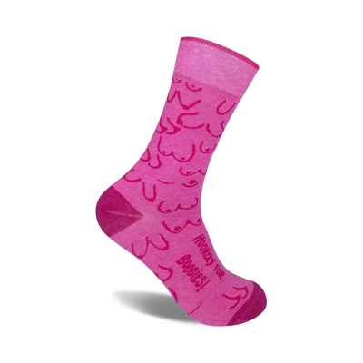  women's crew socks featuring a pink pattern of boobs with the words "hooray for boobies" in support of breast cancer awareness.   