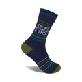 A navy blue crew sock with olive and teal stripes features the text 'I'm all organized & shit' in light gray.