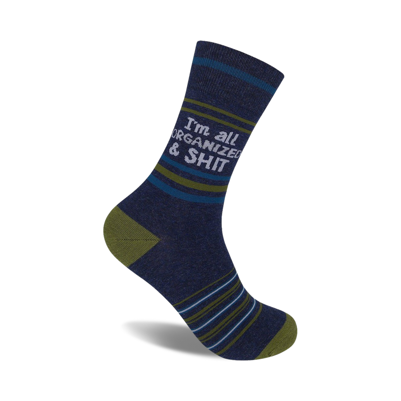 A navy blue crew sock with olive and teal stripes features the text 'I'm all organized & shit' in light gray.