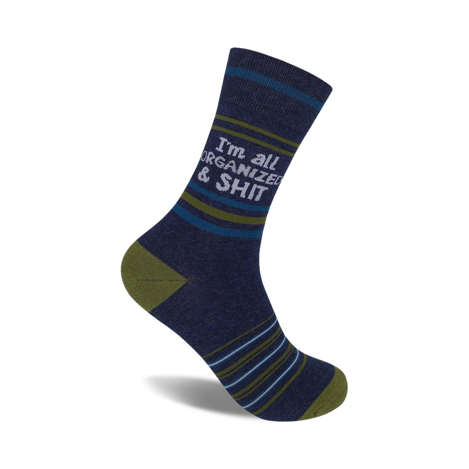 A navy blue crew sock with olive and teal stripes features the text 'I'm all organized & shit' in light gray.