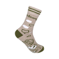 Beige crew socks with olive green stripes and accents. Design includes clouds, speech bubbles, and an illustration of someone using a laptop.