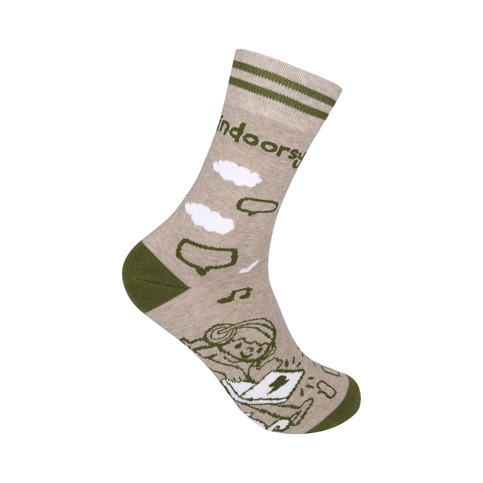 Beige crew socks with olive green stripes and accents. Design includes clouds, speech bubbles, and an illustration of someone using a laptop.