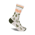 Cream crew socks with green forest design and orange 'May the Forest Be With You' text. Features olive green heel and toe.