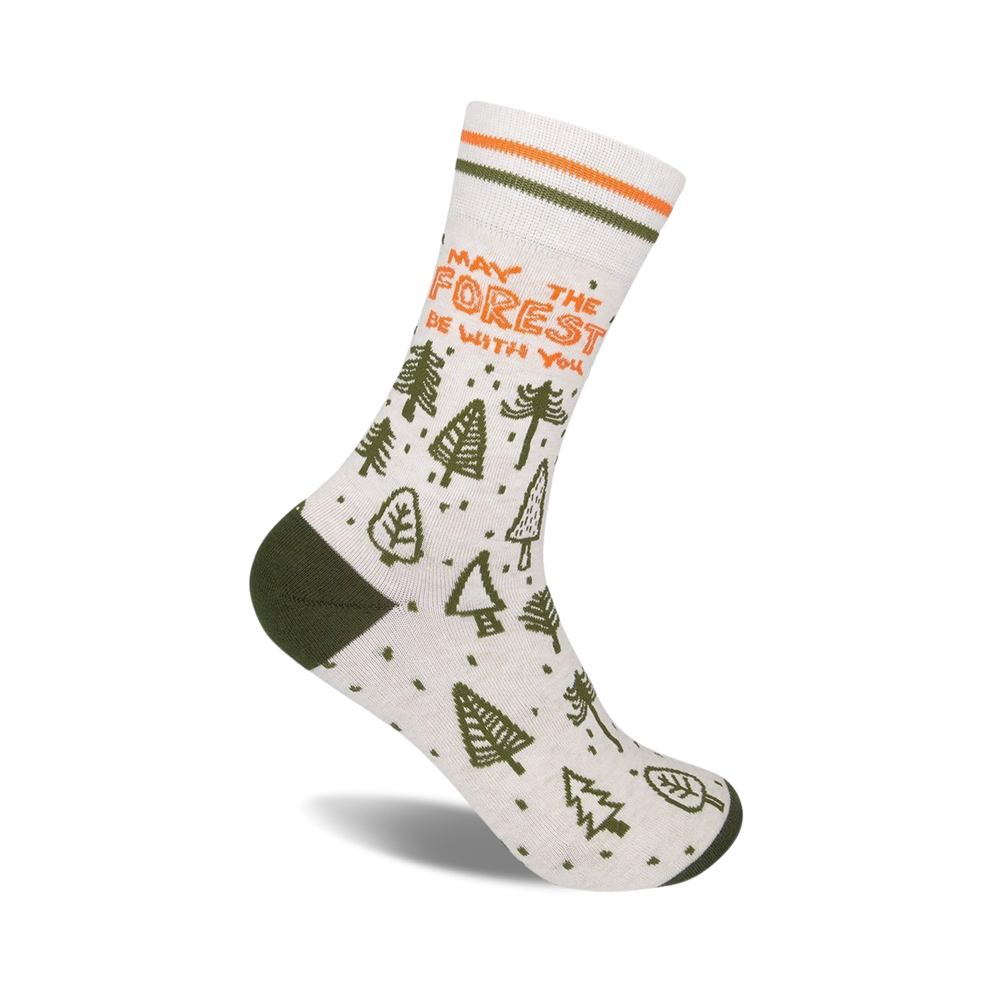 Cream crew socks with green forest design and orange 'May the Forest Be With You' text. Features olive green heel and toe.