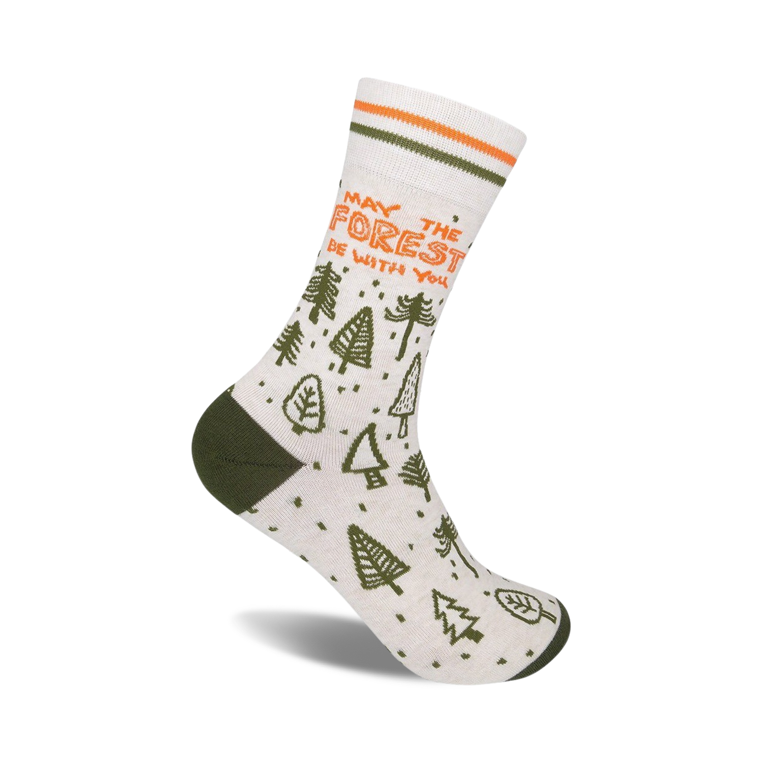 Cream crew socks with green forest design and orange 'May the Forest Be With You' text. Features olive green heel and toe.