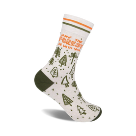 white unisex crew socks featuring all-over design of evergreen forest with 'may the forest be with you' text at top.   