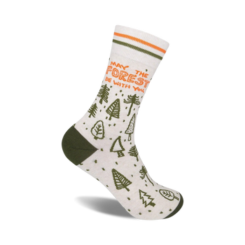 white unisex crew socks featuring all-over design of evergreen forest with 'may the forest be with you' text at top.   