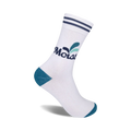 White crew socks with teal accents and navy stripes at the top. Features a retro 'Moist' logo with a small teal design element.