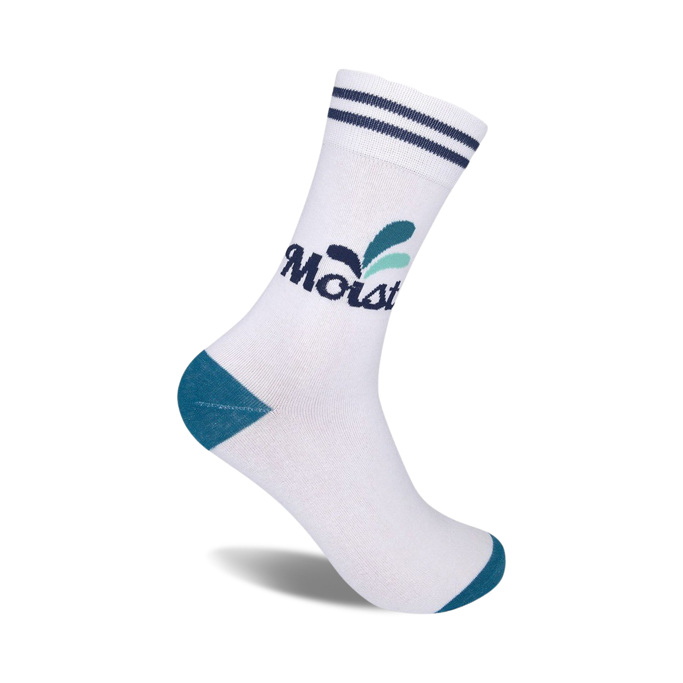 White crew socks with teal accents and navy stripes at the top. Features a retro 'Moist' logo with a small teal design element.