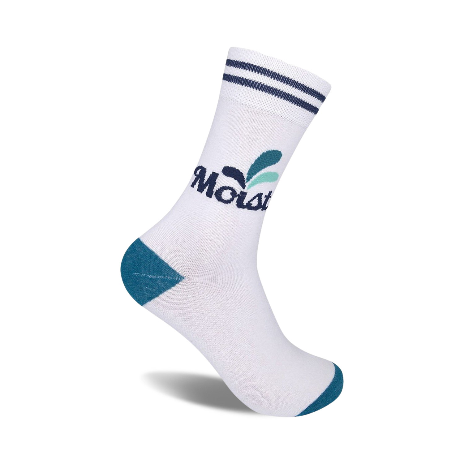 White crew socks with teal accents and navy stripes at the top. Features a retro 'Moist' logo with a small teal design element.