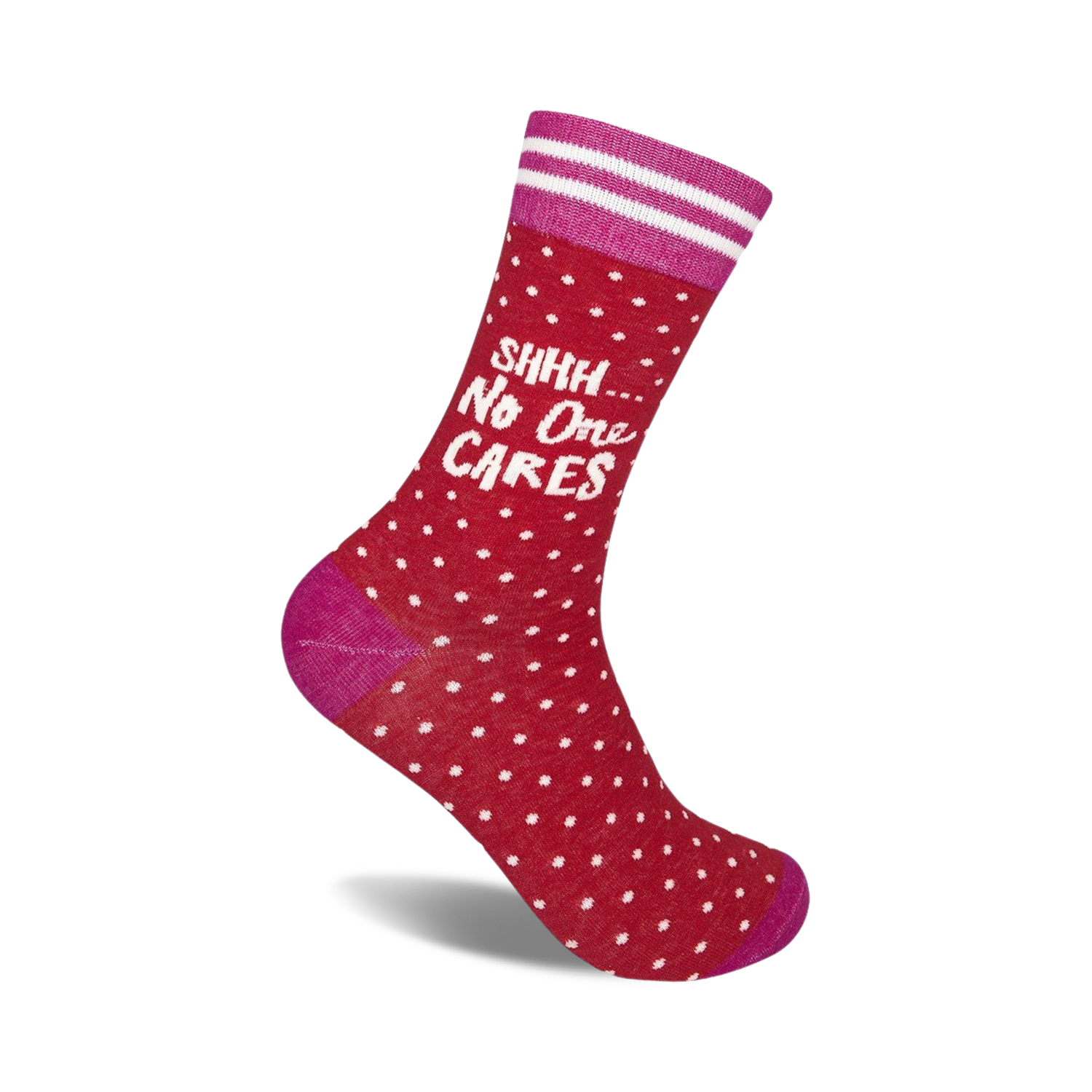 Red crew socks with white polka dots and a pink cuff.  The socks feature the text 'Shhh... No One Cares' in white.