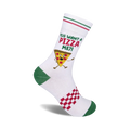 White crew socks with a pizza slice graphic, red and green stripes at the top, and a checkered pattern at the bottom. Text reads, 'You Want a Pizza Me?'