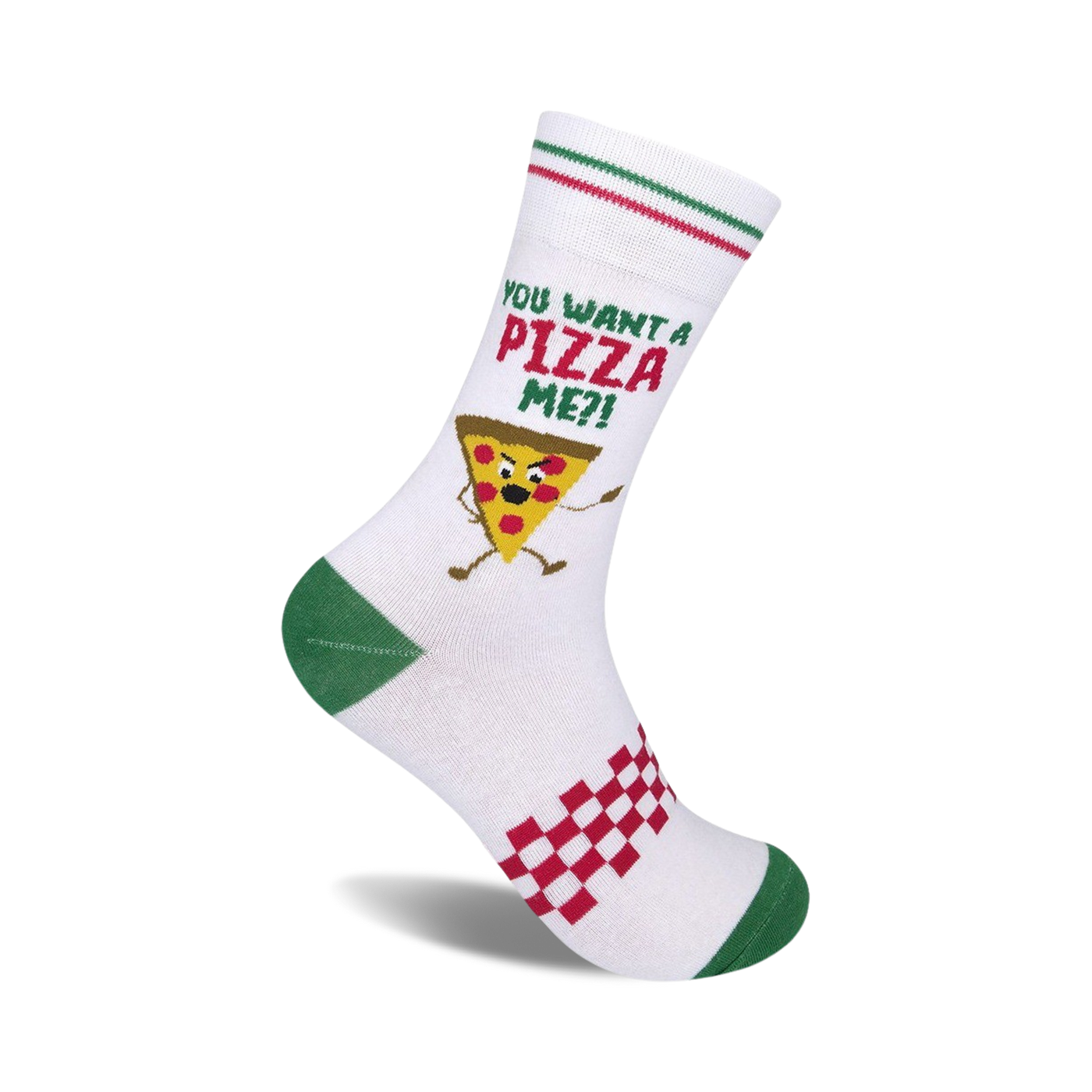 White crew socks with a pizza slice graphic, red and green stripes at the top, and a checkered pattern at the bottom. Text reads, 'You Want a Pizza Me?'