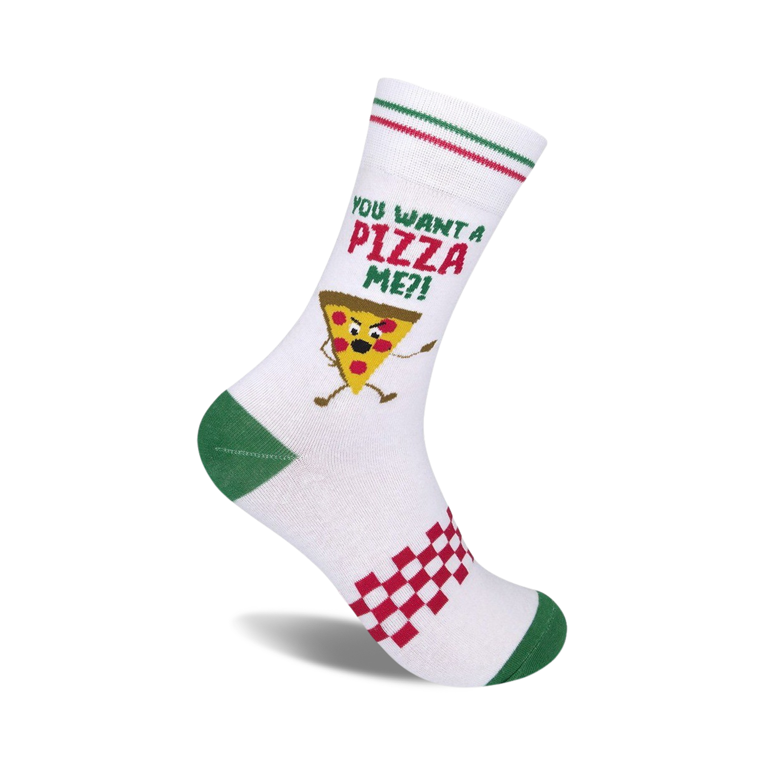 White crew socks with a pizza slice graphic, red and green stripes at the top, and a checkered pattern at the bottom. Text reads, 'You Want a Pizza Me?'