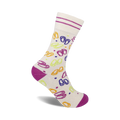 Cream crew socks with colorful flip-flop design.  Features purple, yellow, green, and orange flip flops on a cream background with purple cuff.