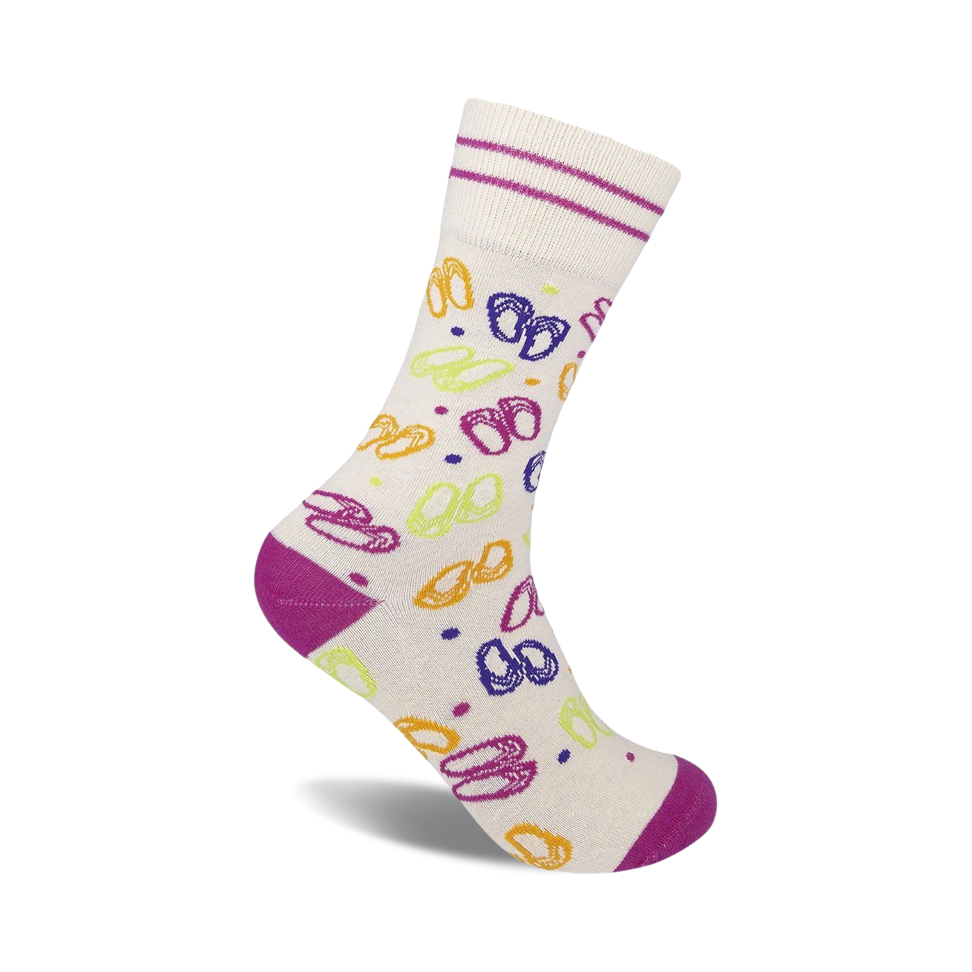 Cream crew socks with colorful flip-flop design.  Features purple, yellow, green, and orange flip flops on a cream background with purple cuff.