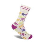Cream crew socks with colorful flip-flop design.  Features purple, yellow, green, and orange flip flops on a cream background with purple cuff.