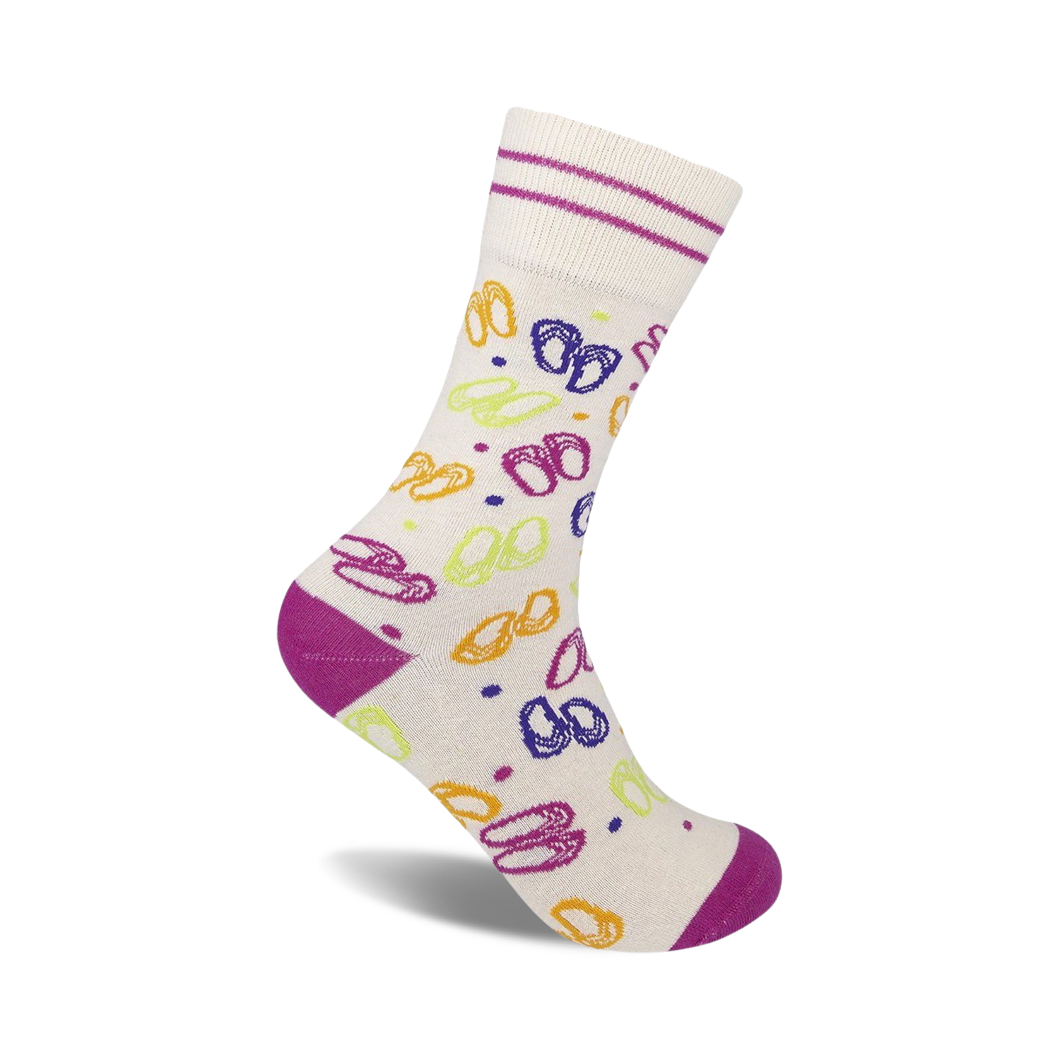 Cream crew socks with colorful flip-flop design.  Features purple, yellow, green, and orange flip flops on a cream background with purple cuff.