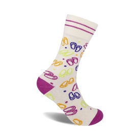 purple toe and heel, white stripes, flip flop pattern, cotton blend, summer sock, crew length.  