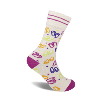 purple toe and heel, white stripes, flip flop pattern, cotton blend, summer sock, crew length.  