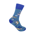 Crew socks in teal blue, featuring colorful marlin, a yacht, and ocean waves.  A fun, illustrated design for fishing enthusiasts.